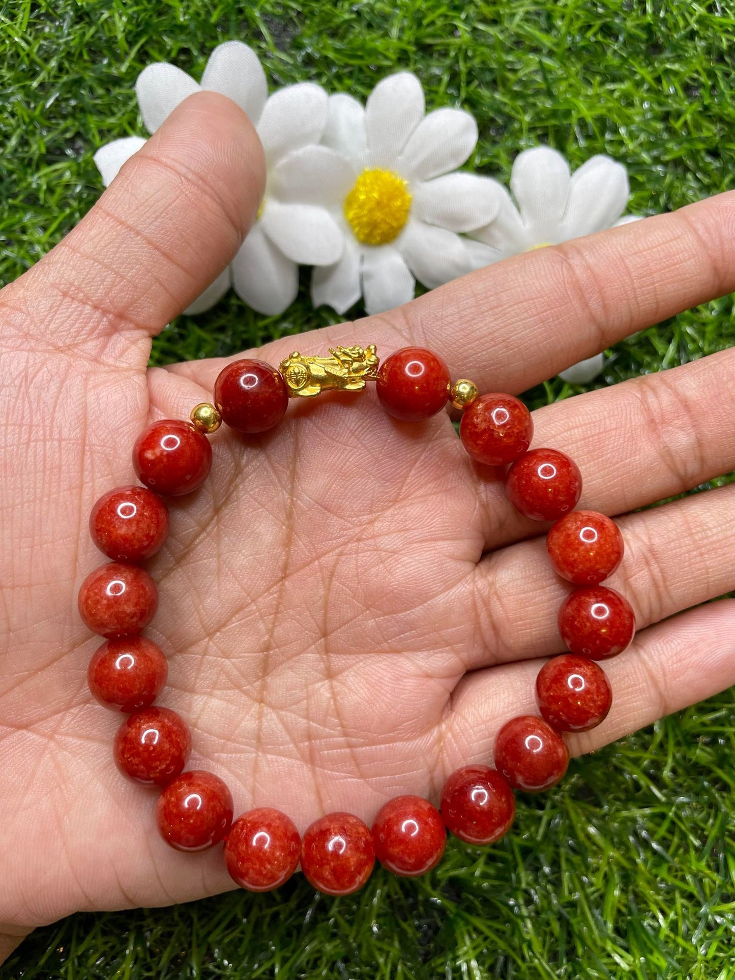 Red Coral in Pure 24K Pi Yao (Pi Xiu) Gold Bracelet