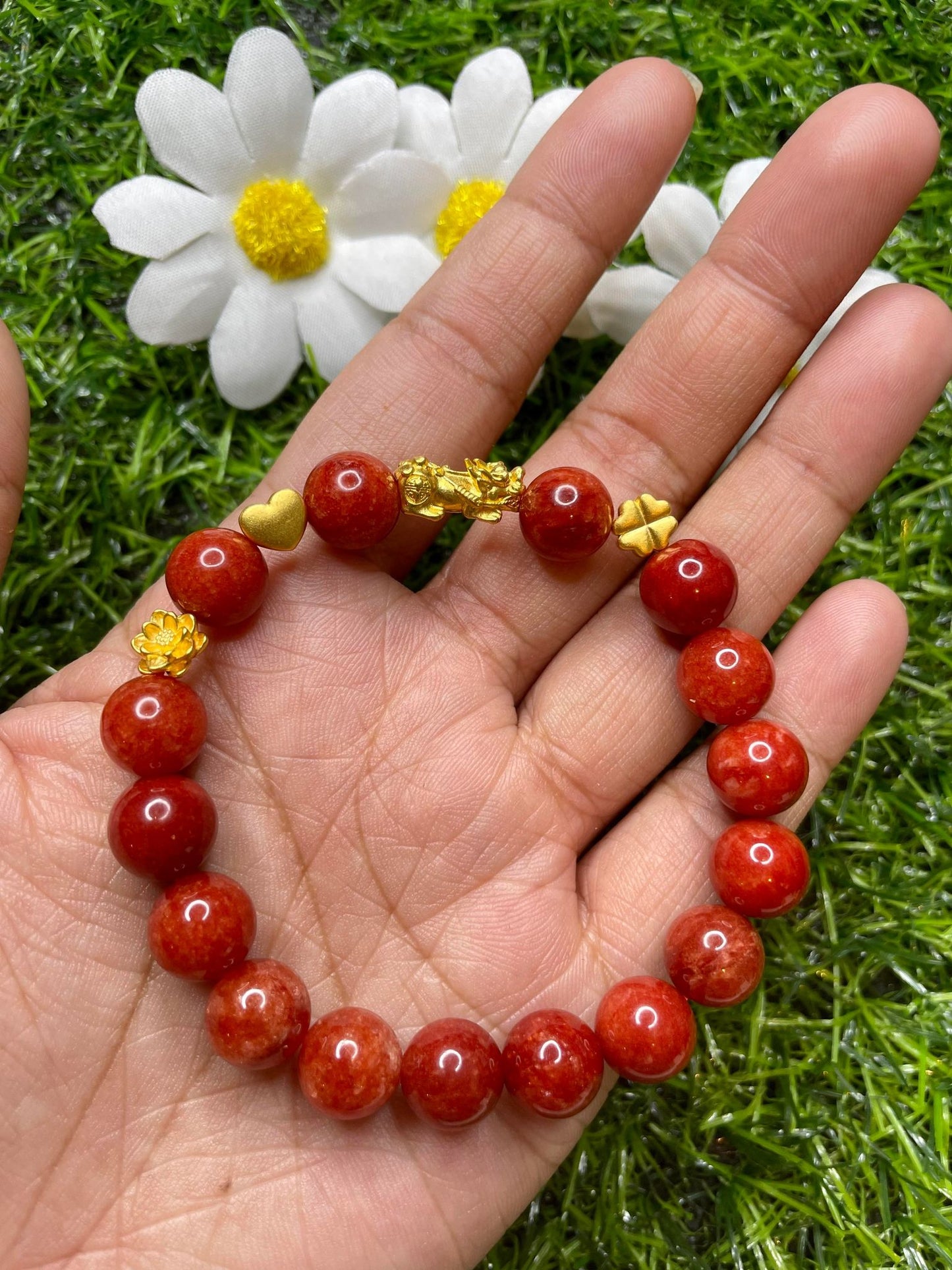Red Coral in Pure 24K Pi Yao (Pi Xiu) Gold Bracelet