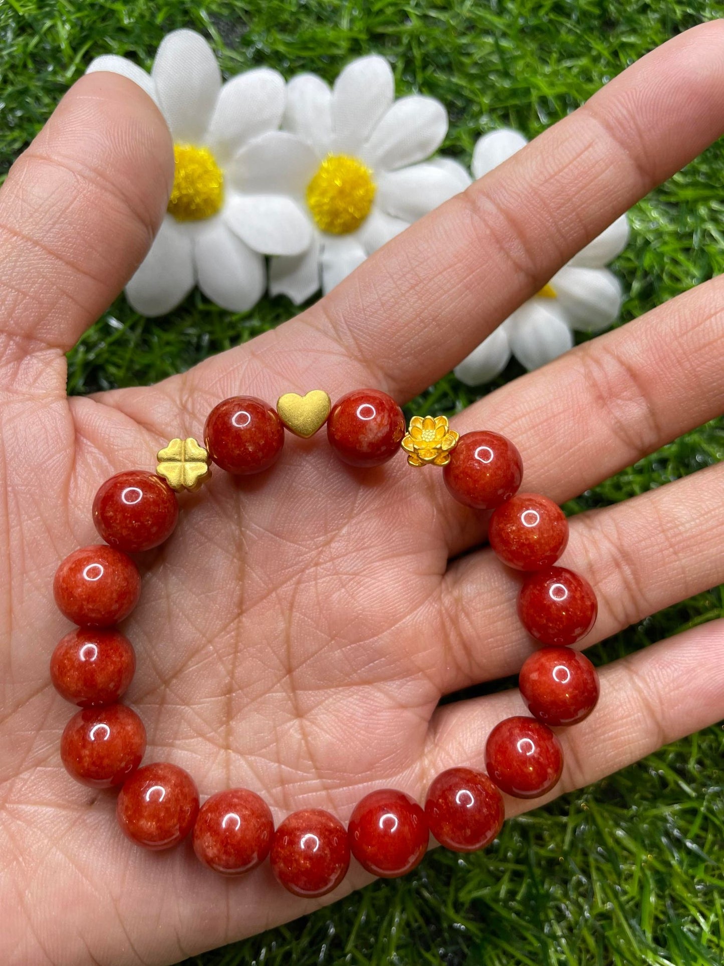 Red Coral in Pure 24K Pi Yao (Pi Xiu) Gold Bracelet