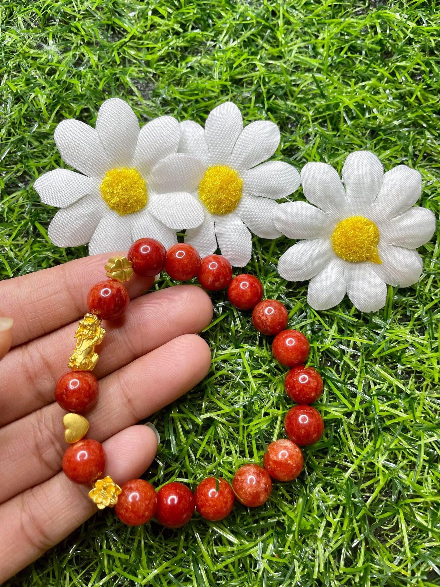 Red Coral in Pure 24K Pi Yao (Pi Xiu) Gold Bracelet