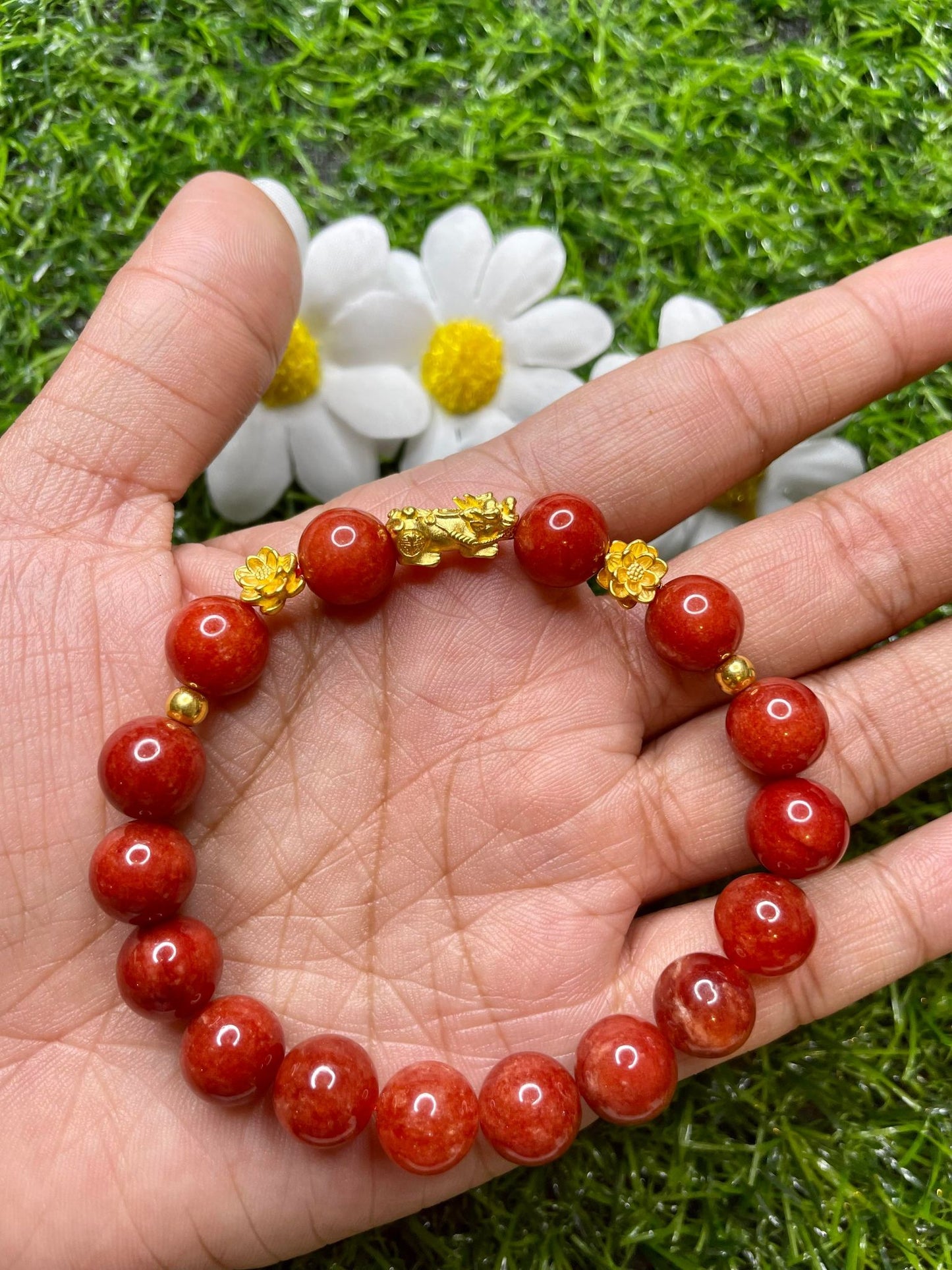 Red Coral in Pure 24K Pi Yao (Pi Xiu) Gold Bracelet