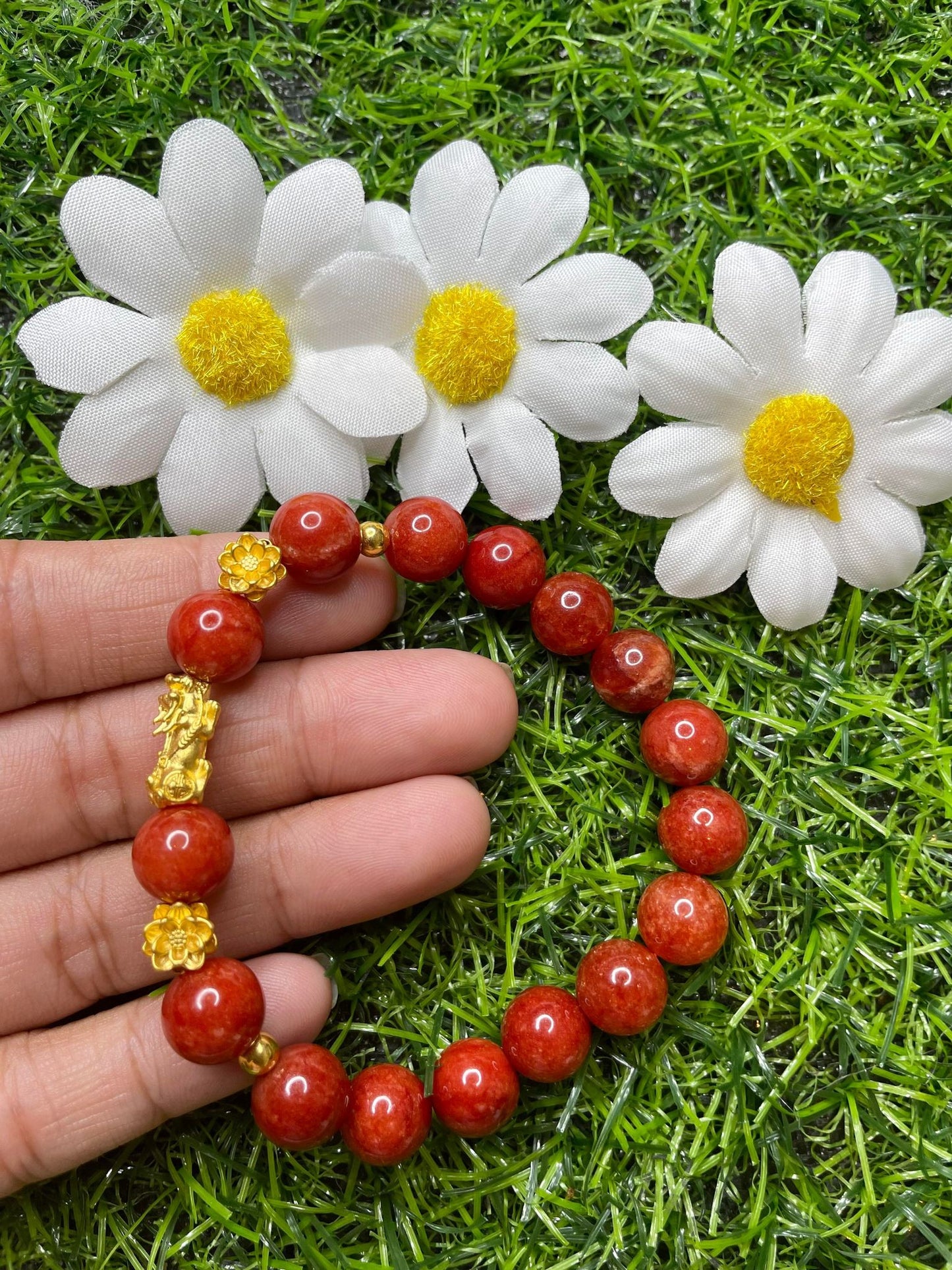 Red Coral in Pure 24K Pi Yao (Pi Xiu) Gold Bracelet