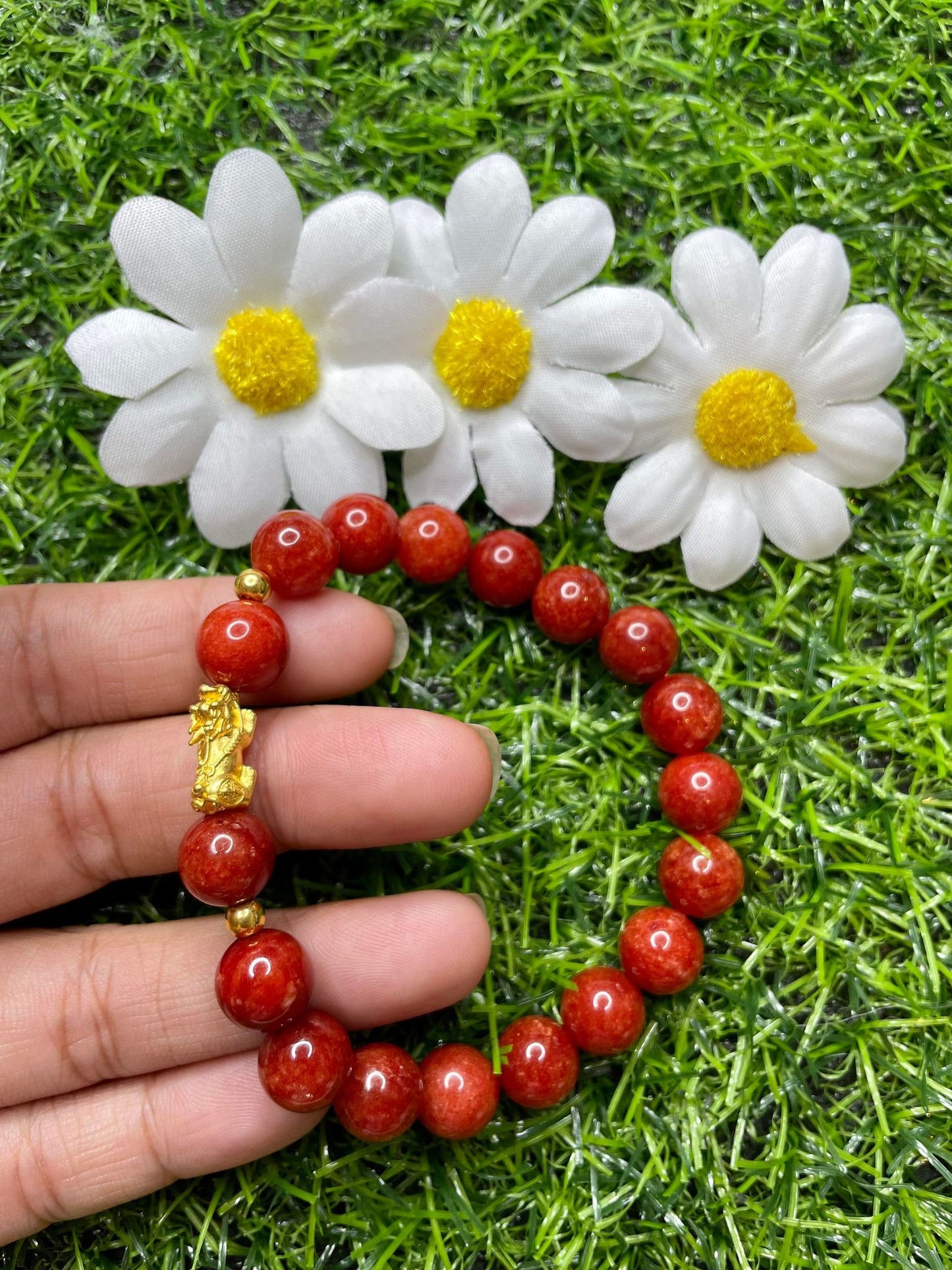 Red Coral in Pure 24K Pi Yao (Pi Xiu) Gold Bracelet