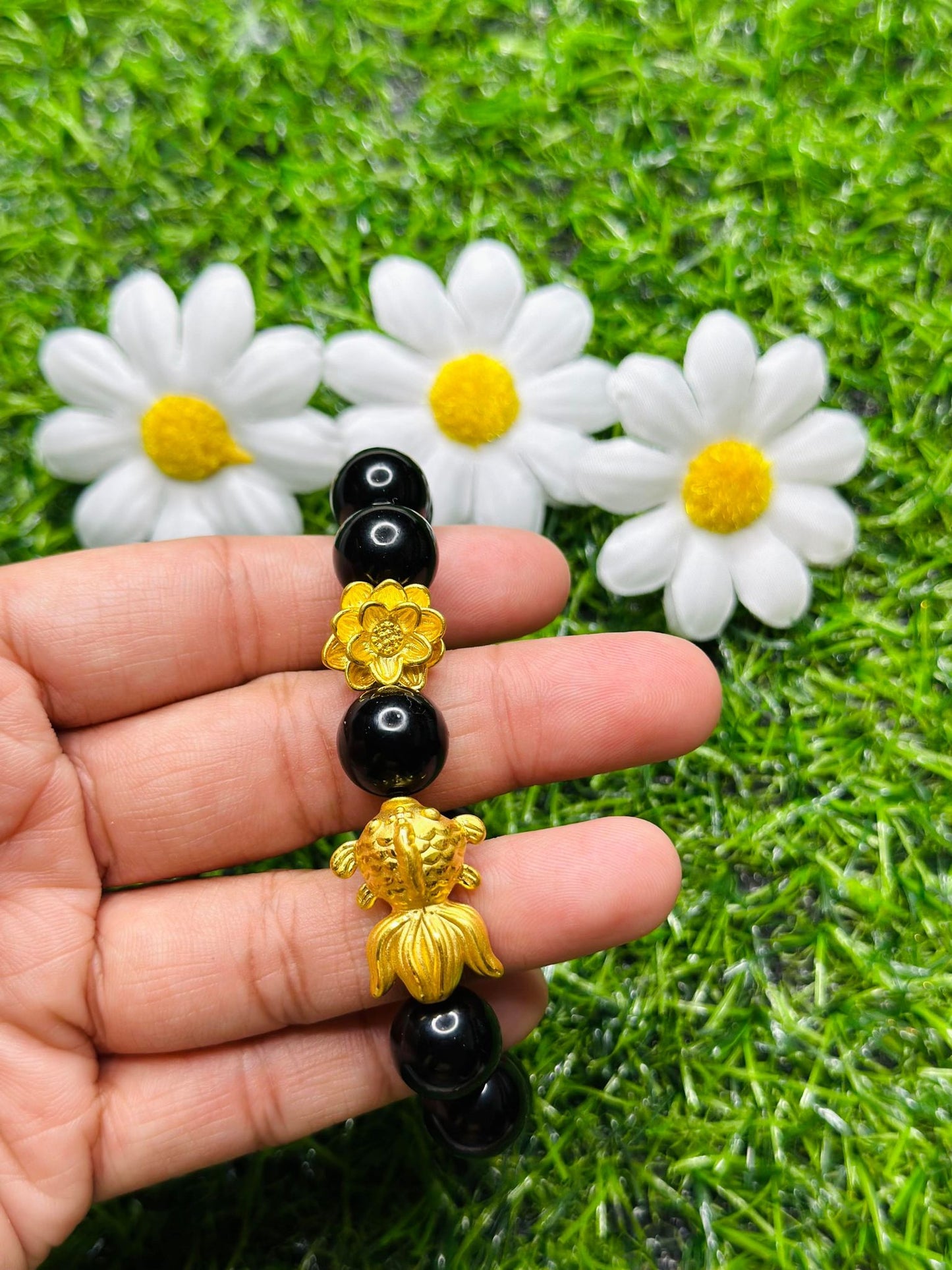 Real 24K GOLD Fish with Lotus Flower in Black Onyx