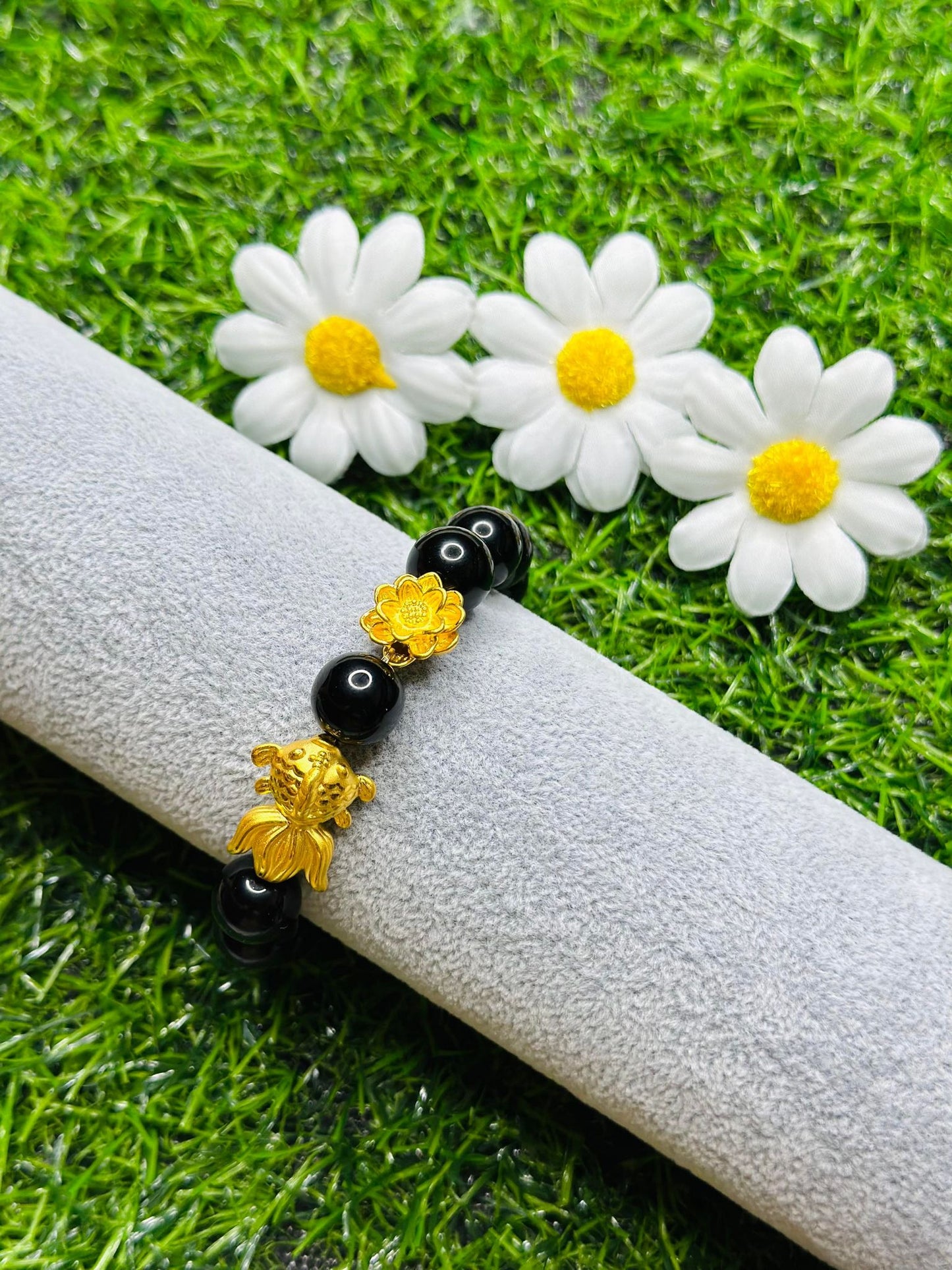 Real 24K GOLD Fish with Lotus Flower in Black Onyx
