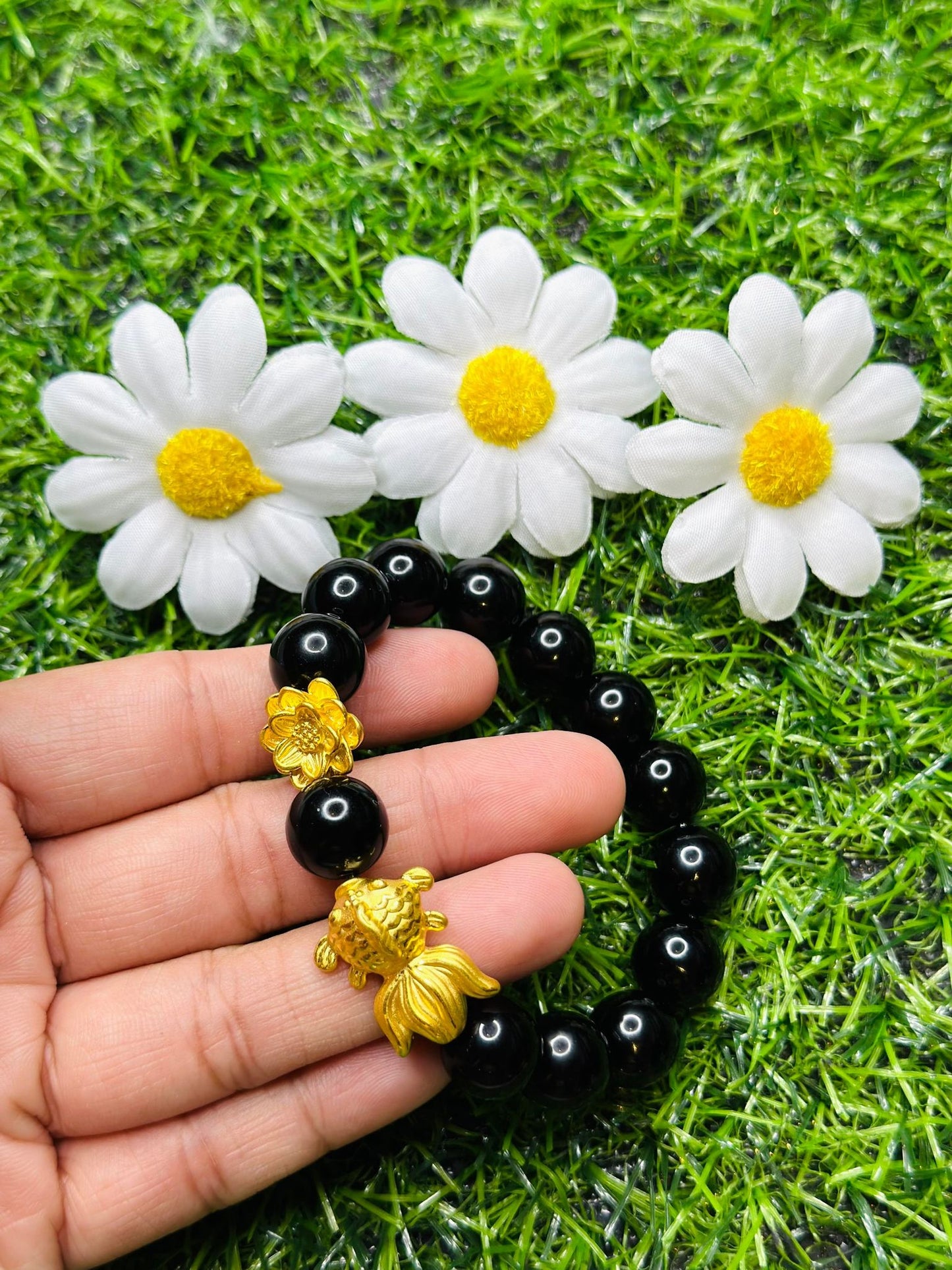 Real 24K GOLD Fish with Lotus Flower in Black Onyx